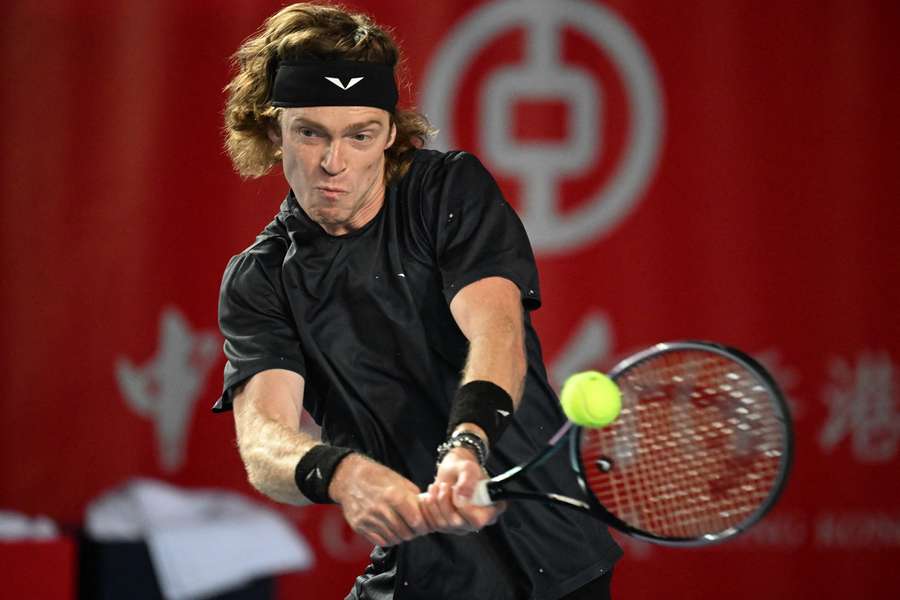 Russia’s Andrey Rublev hits a return