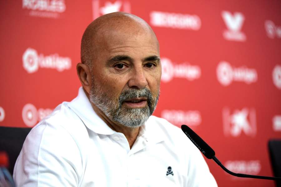 Jorge Sampaoli aujourd'hui lors de sa présentation en tant que nouvel entraîneur du Séville FC.