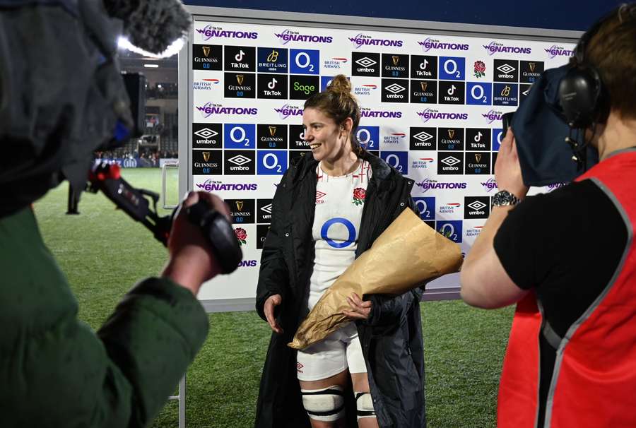 England's number 8 Sarah Hunter is interviewed after the Six Nations international women's rugby union match between England and Scotland