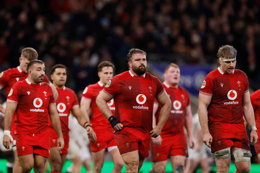 Wales' Tomas Francis and Aaron Wainwright look dejected at the end of the match