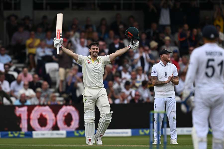 Mitchell Marsh celebrates reaching his hundred on day one of the third Ashes Test