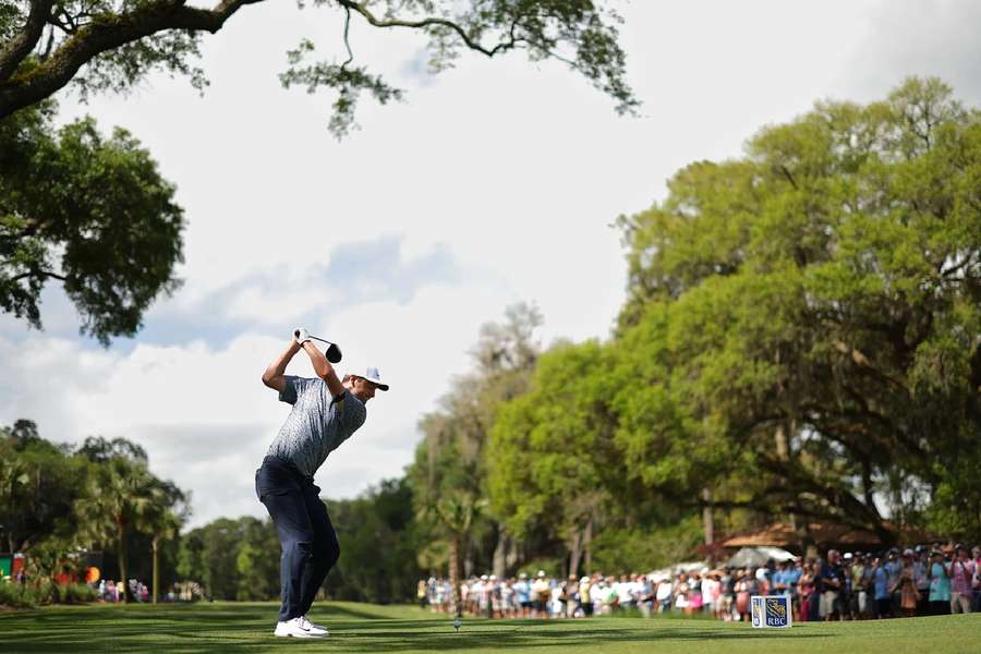 Scottie Scheffler plays his shot from the third tee during the second round of the RBC Heritage
