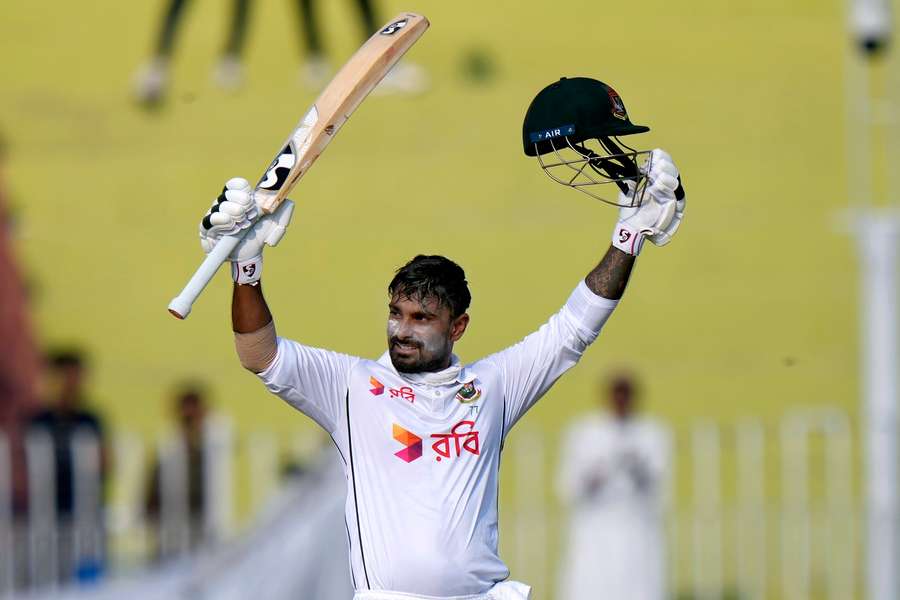 Litton Das celebrates after scoring a century during the third day of second Test cricket match between Pakistan and Bangladesh