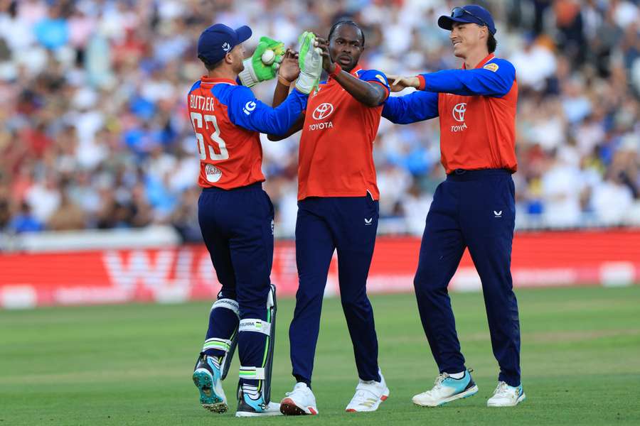 Jofra Archer (c) took three wickets for England Jofra Archer (c) took three wickets for England