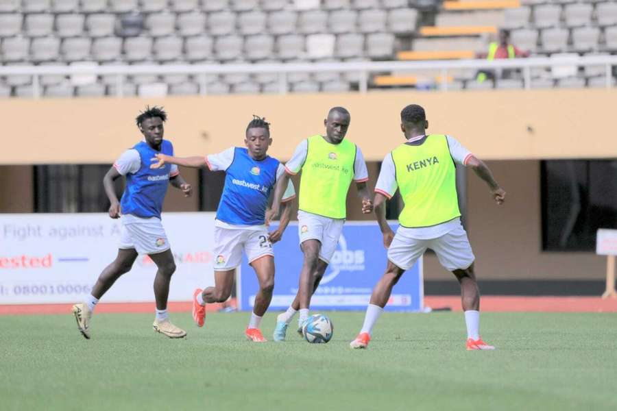 Harambee Stars midfielder Austin Odhiambo (left) readying for South Sudan