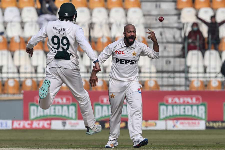 Pakistan's Sajid Khan (right) celebrates after taking the wicket of West Indies' Kavem Hodge during the second day of the first Test Pakistan's Sajid Khan (right) celebrates after taking the wicket of West Indies' Kavem Hodge during the second day of the first Test