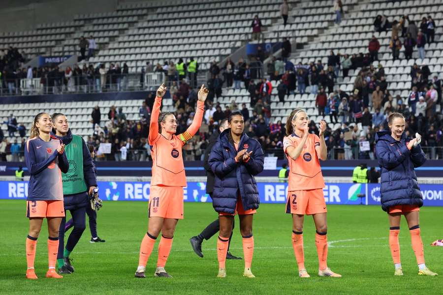 Barcelona celebrate reaching the last eight Barcelona celebrate reaching the last eight