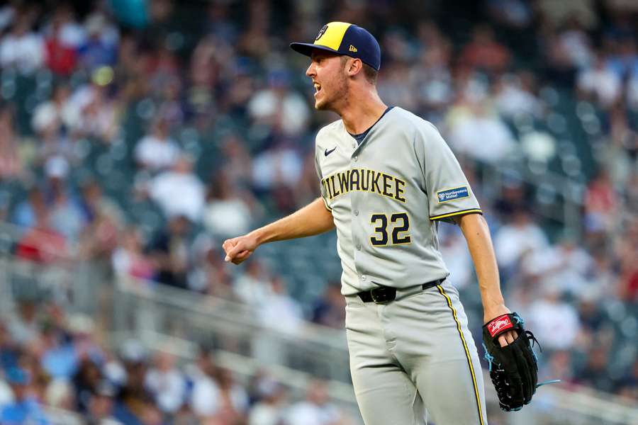 Brewers rookie Jacob Misiorowski fired up after striking out a batter during a game against the Minnesota Twins