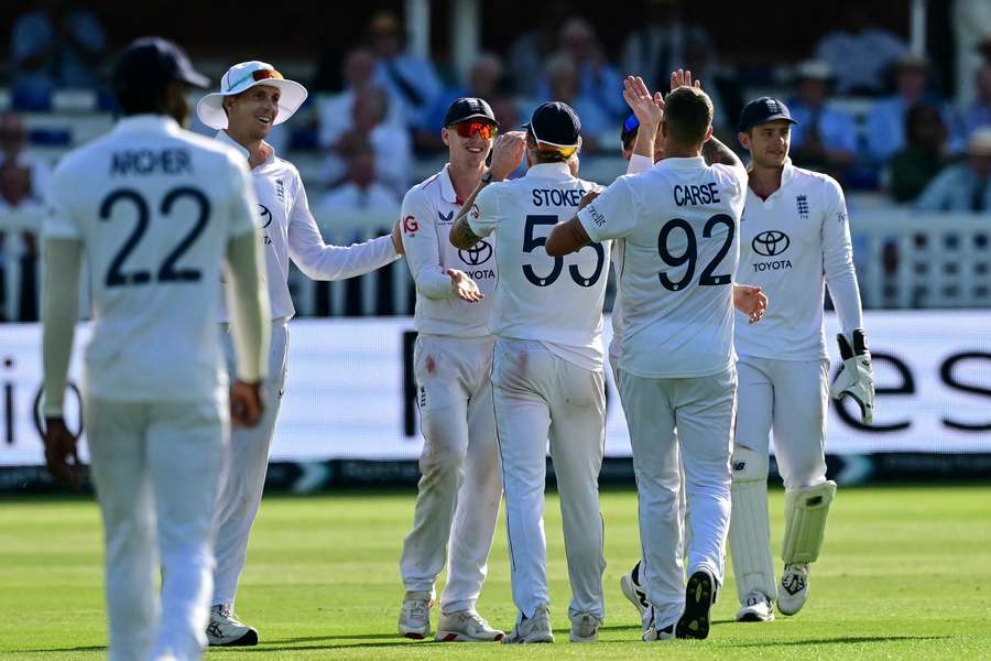 England celebrate after removing India's Akash Deep