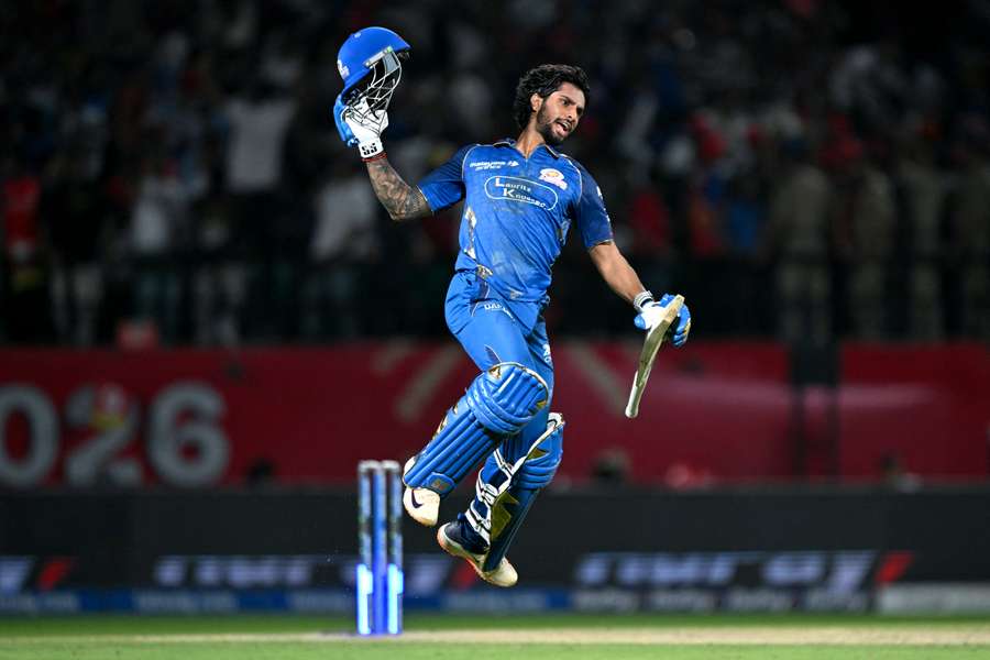 Tilak Varma celebrates after his team's win