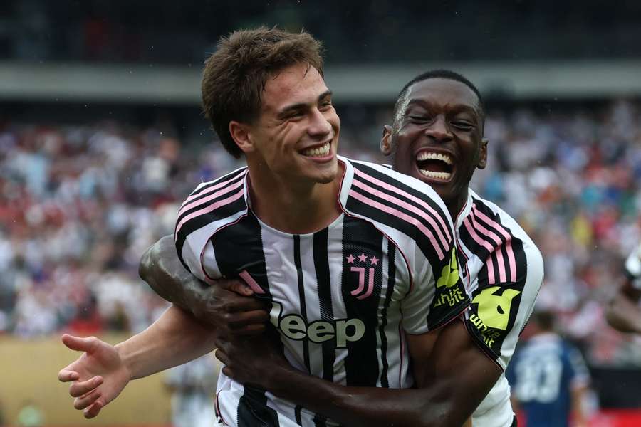 Kenan Yildiz (left) is congratulated by Randal Kolo Muani after scoring his Juventus' third goal 