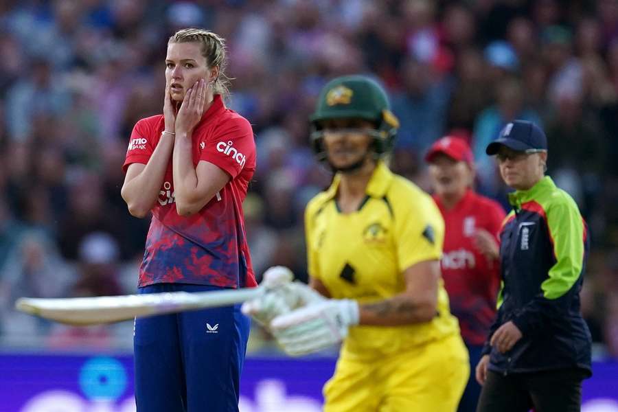 England's Lauren Bell appears dejected after conceding a six
