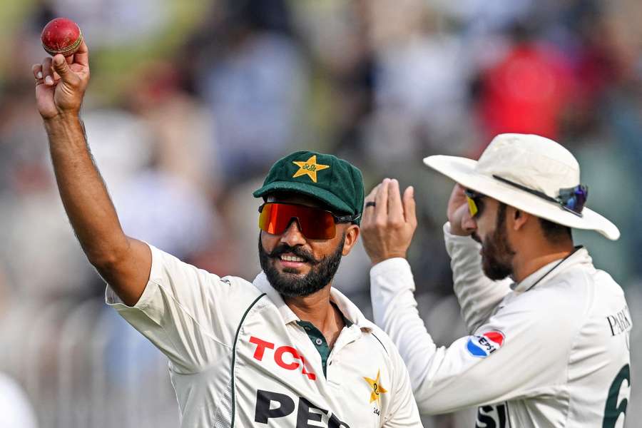 Sajid Khan celebrates his five-wicket haul