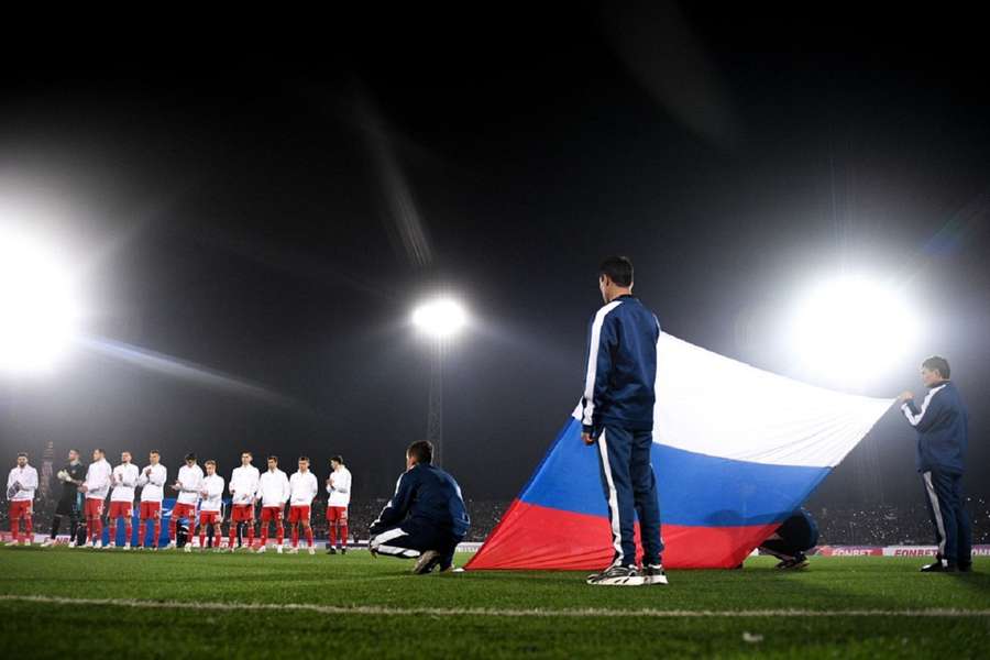 De Russische spelers staan klaar voor de wedstrijd tegen Tadzjikistan op 17 november jongstleden