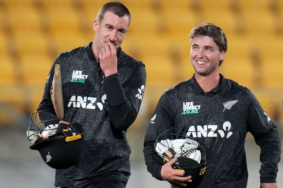 New Zealand's Blair Tickner (left) walks with teammate Zak Foulkes after their win in the third one-day international against England New Zealand's Blair Tickner (left) walks with teammate Zak Foulkes after their win in the third one-day international against England