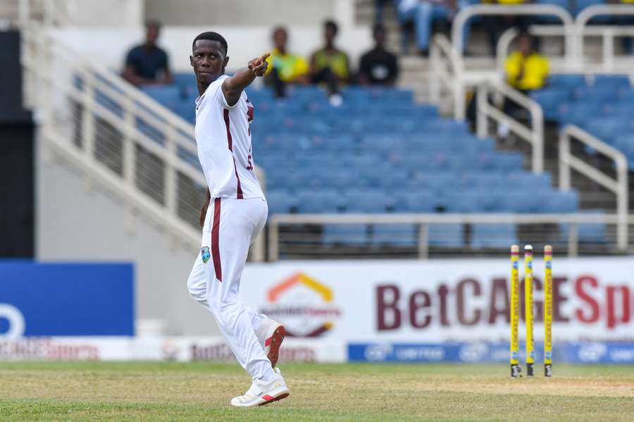 Shamar Joseph celebrates the wicket of Scott Boland in the West Indies' home series against Australia earlier this year.