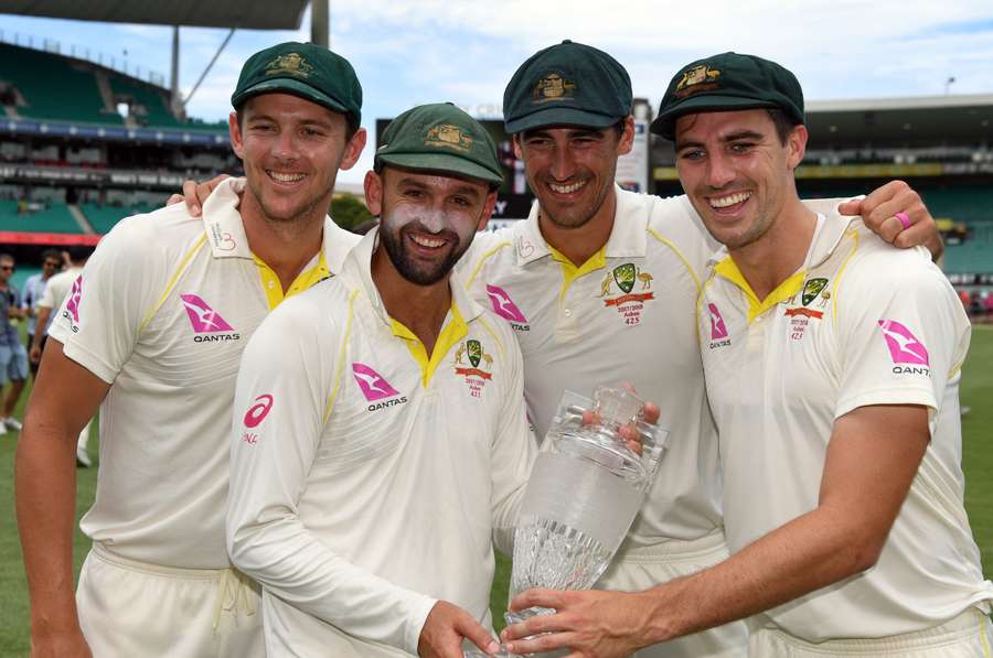 Australia's first choice bowling attack for 2025/26 poses with the trophy after winning the 2017/18 Ashes. 