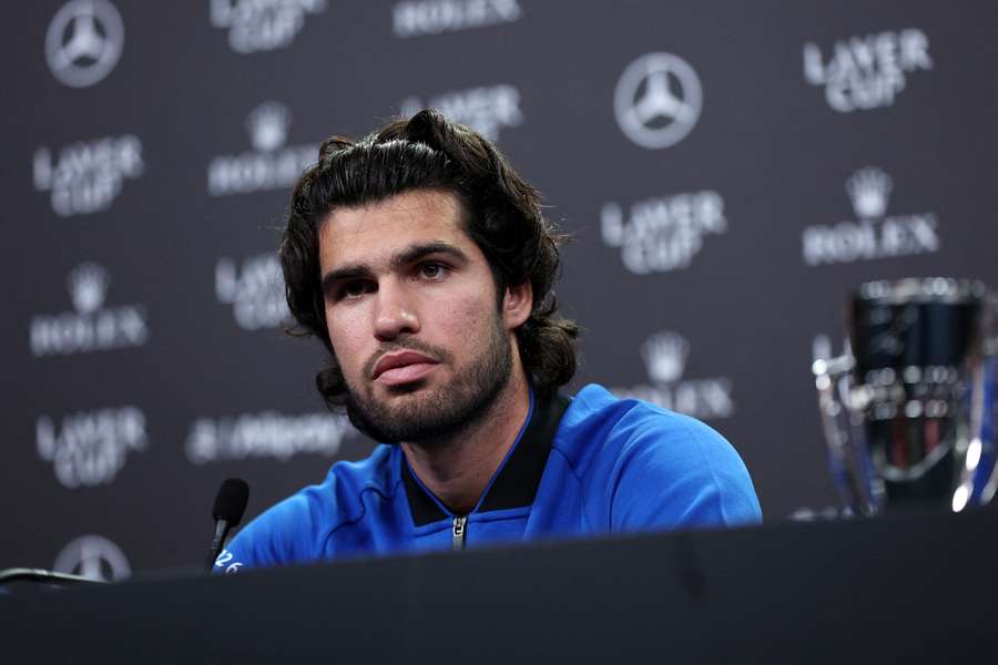 Carlos Alcaraz speaks to the press at the Laver Cup