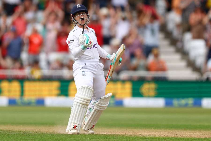 England's Tammy Beaumont celebrates after reaching her double century