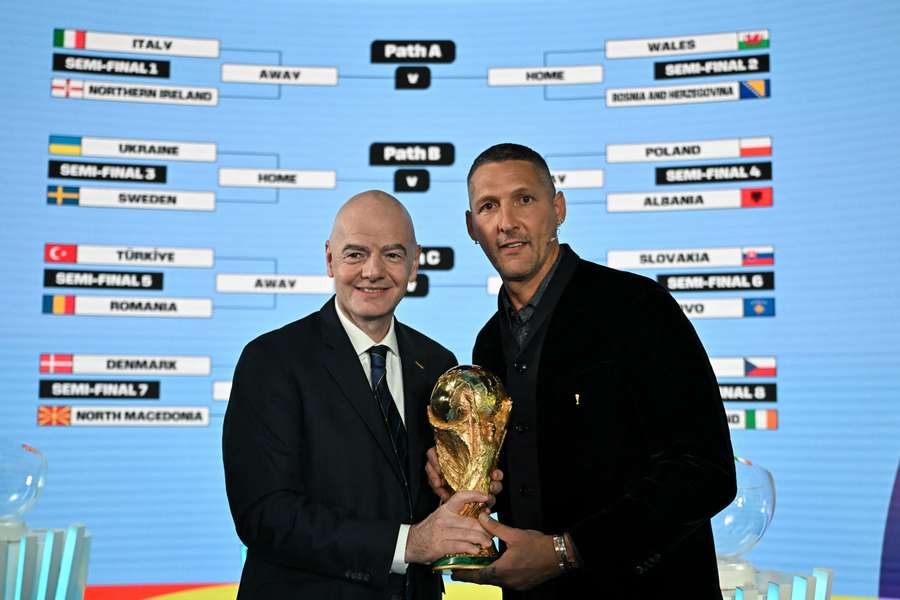 Gianni Infantino (left) and Italian former player Marco Materazzi pose with the FIFA World Cup trophy in front of the results of the draw