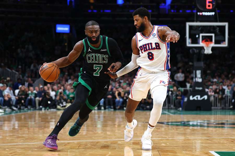 Celtics Jaylen Brown guard by 76ers Paul George