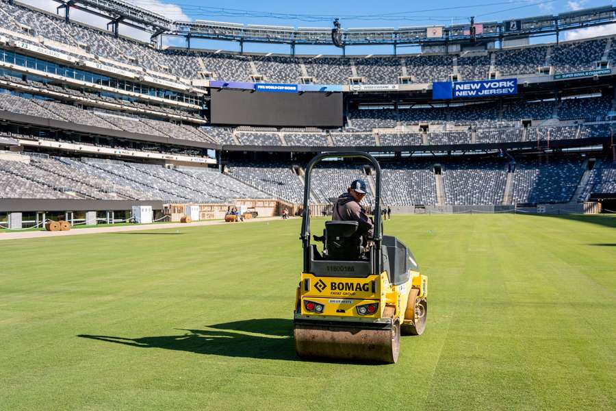 A new pitch made of real grass is installed at MetLife Stadium for the 2026 FIFA World Cup in East Rutherford, New Jersey