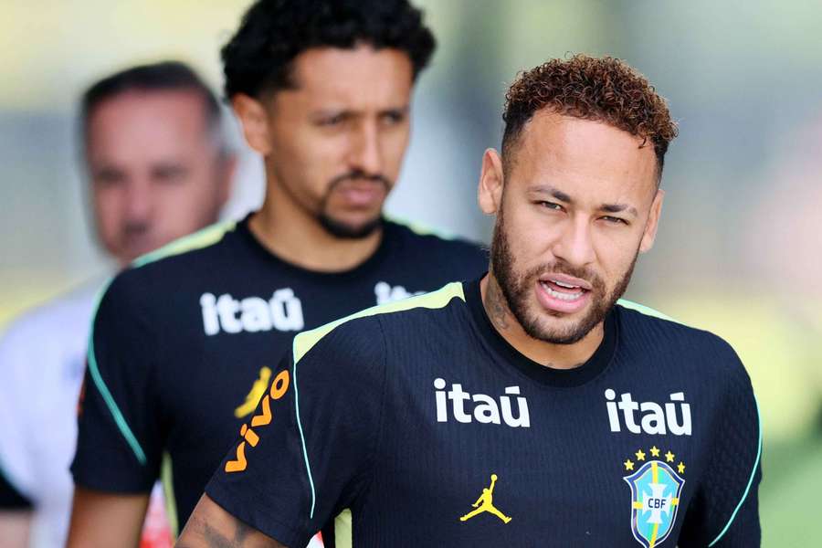 Brazil's Neymar Jr. and Marquinhos take part in a training session Brazil's Neymar Jr. and Marquinhos take part in a training session