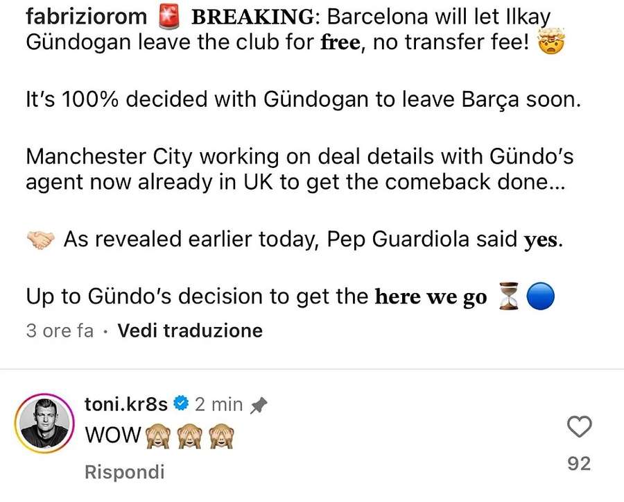 Kroos reacts to Gundogan news