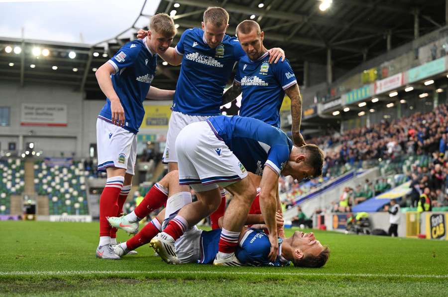 Linfield celebrate one of their goals in their victory over Zalgiris in Conference League qualifying.