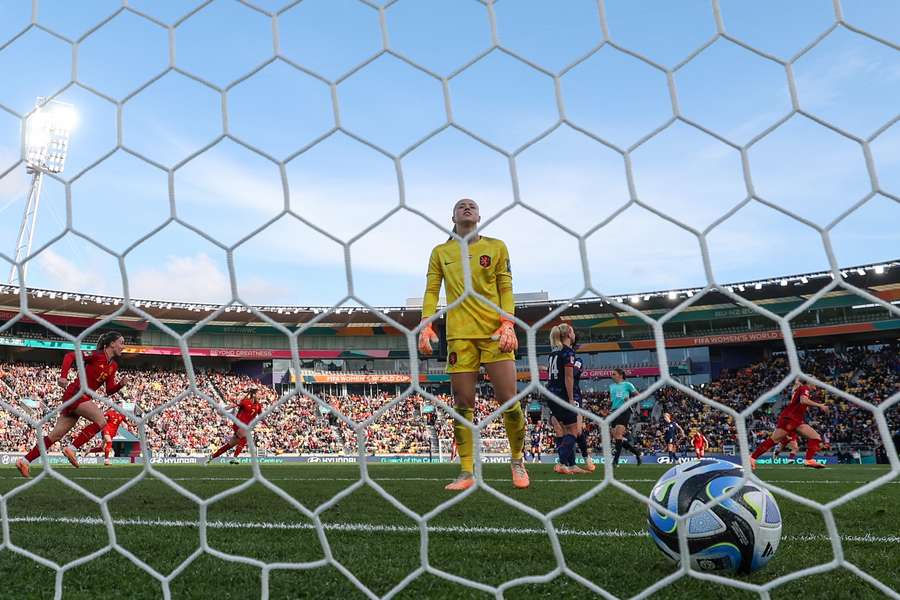 Netherlands goalkeeper Daphne van Domselaar reacts after conceding in extra-time