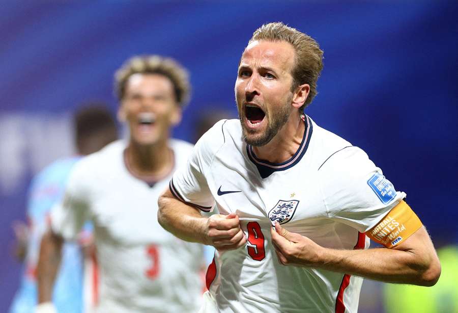 England's Harry Kane celebrates scoring their first goal England's Harry Kane celebrates scoring their first goal