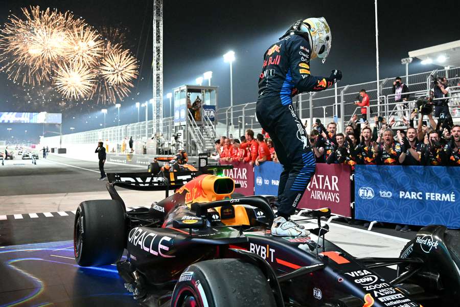 Red Bull Racing's Dutch driver Max Verstappen celebrates with his team