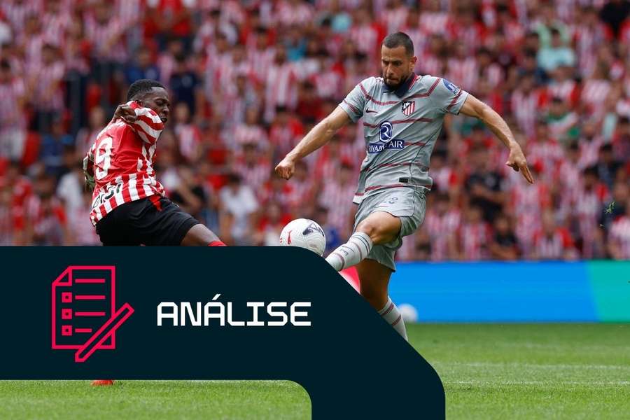 David Hancko, do Atletico Madrid, em ação com Iñaki Williams, do Athletic Bilbao David Hancko, do Atletico Madrid, em ação com Iñaki Williams, do Athletic Bilbao