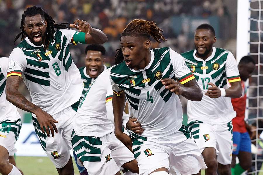 Cameroon's defender #4 Christopher Wooh celebrates scoring his team's third goal 