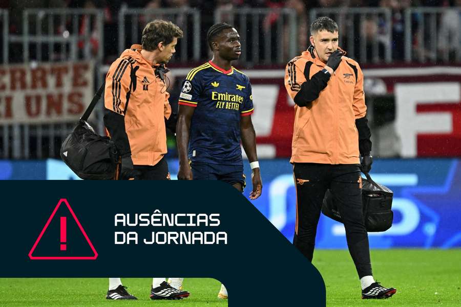Bukayo Saka, do Arsenal, sofreu uma lesão na coxa no empate da Liga dos Campeões em casa do Bayern Munique Bukayo Saka, do Arsenal, sofreu uma lesão na coxa no empate da Liga dos Campeões em casa do Bayern Munique