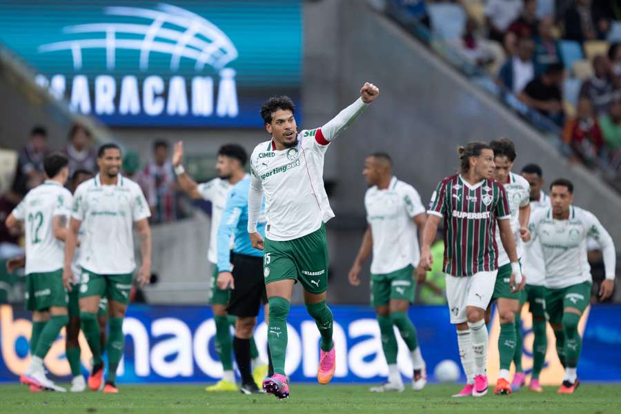 Gustavo Gomez, do Palmeiras, comemora gol contra o Fluminense. Gustavo Gomez, do Palmeiras, comemora gol contra o Fluminense.