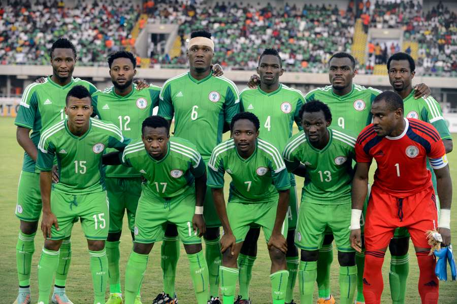 The Nigerian team pose before the 2015 Africa Cup of Nations qualifying match against South Africa