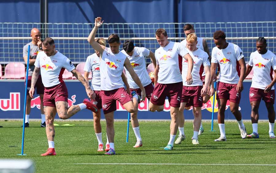 The RB Leipzig squad in training ahead of the match against Bayern Munich The RB Leipzig squad in training ahead of the match against Bayern Munich