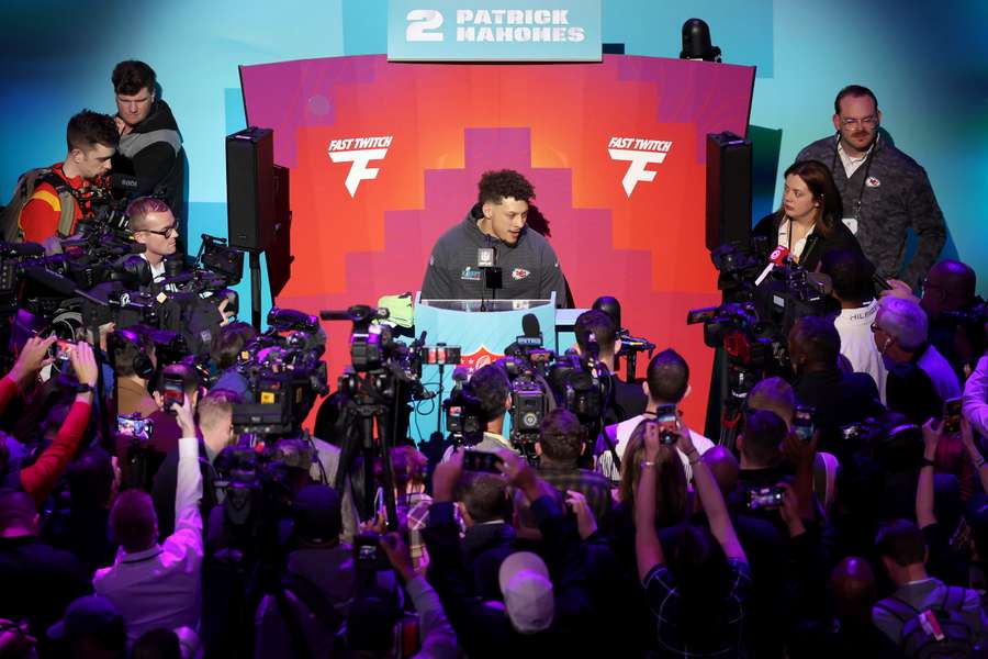 Patrick Mahomes of the Kansas City Chiefs speaks to the media during Super Bowl LVII Opening Night