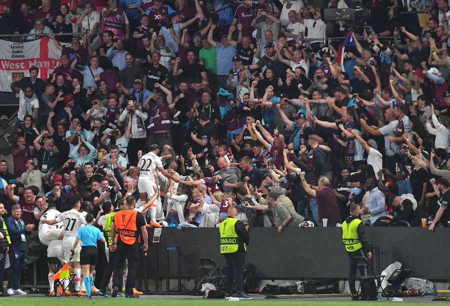 West Ham celebrate scoring the opening goal in the final