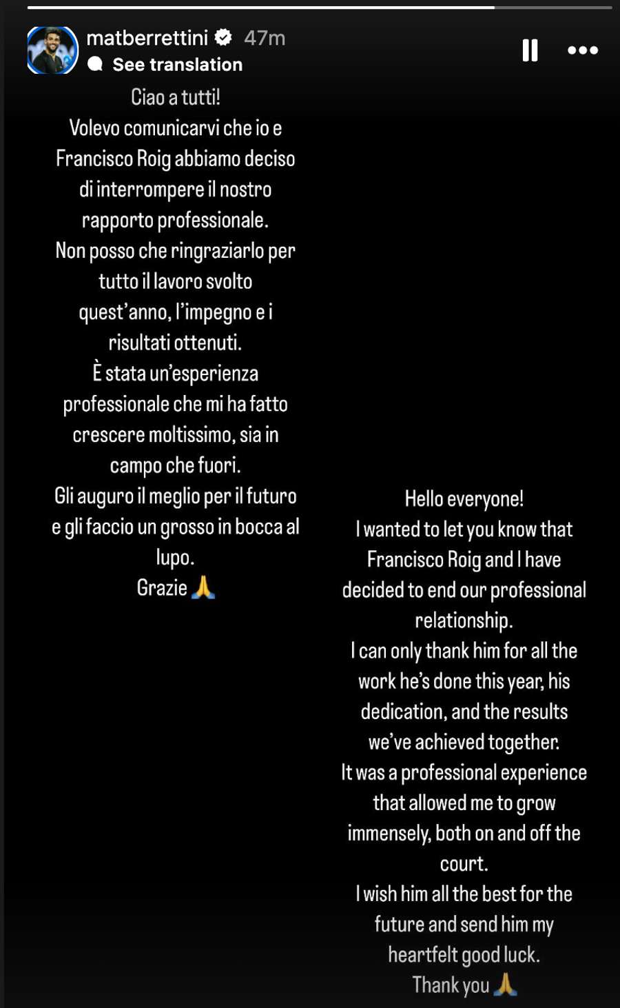 La story di Berrettini su Instagram