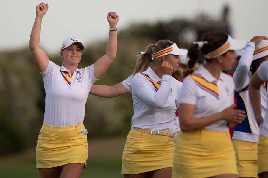 Team Europe's Swedish golfer Maja Stark reacts on the first day of the 2023 Solheim Cup 