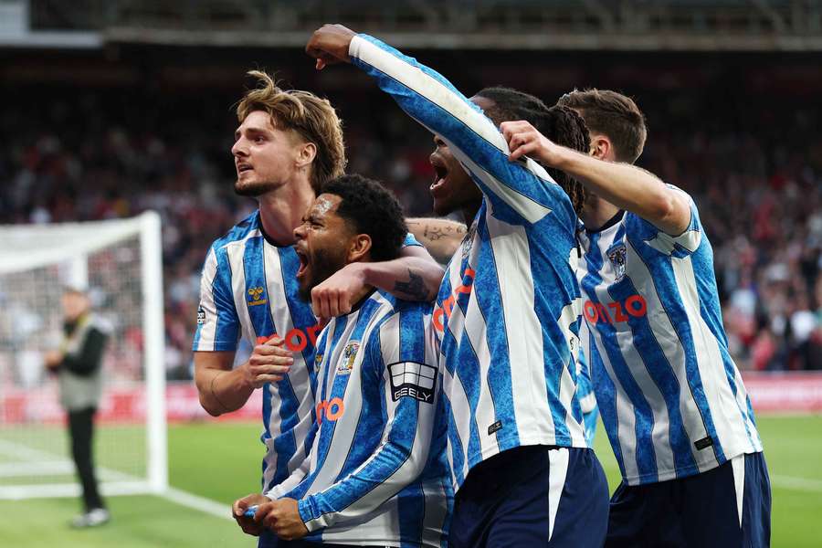 Coventry City's Jay Dasilva celebrates scoring their first goal with Jack Rudoni Coventry City's Jay Dasilva celebrates scoring their first goal with Jack Rudoni