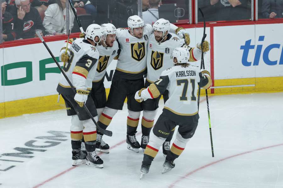 The Vegas Golden Knights celebrate one of their goals in their Stanley Cup Finals Game 1 win over the Carolina Hurricanes.