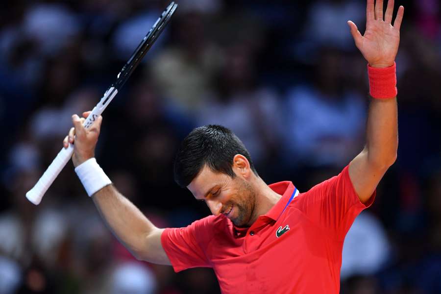 Serbia's Novak Djokovic reacts during the 2022 World Tennis League exhibition match against Germany's Alexander Zverev