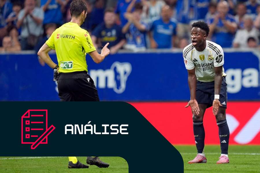 Vinicius Junior, do Real Madrid, reage durante o jogo contra o Oviedo