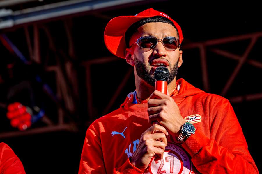 PSV's Ismael Saibari during the title celebrations on Tuesday