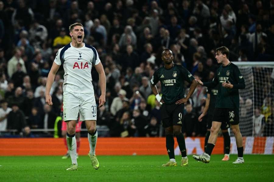 Tottenham's Micky van de Ven celebrates during the Champions League game vs Copenhagen