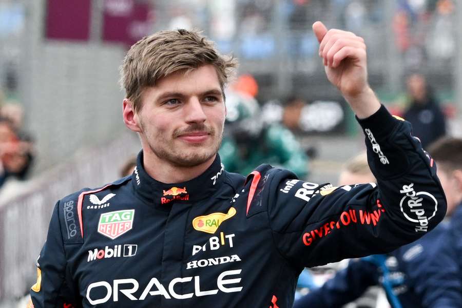 Max Verstappen reacts after taking pole at the 2023 Australian Grand Prix