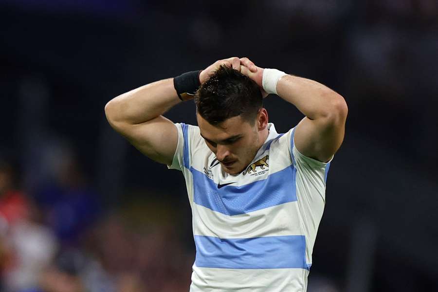 Argentina's left wing Mateo Carreras reacts against England